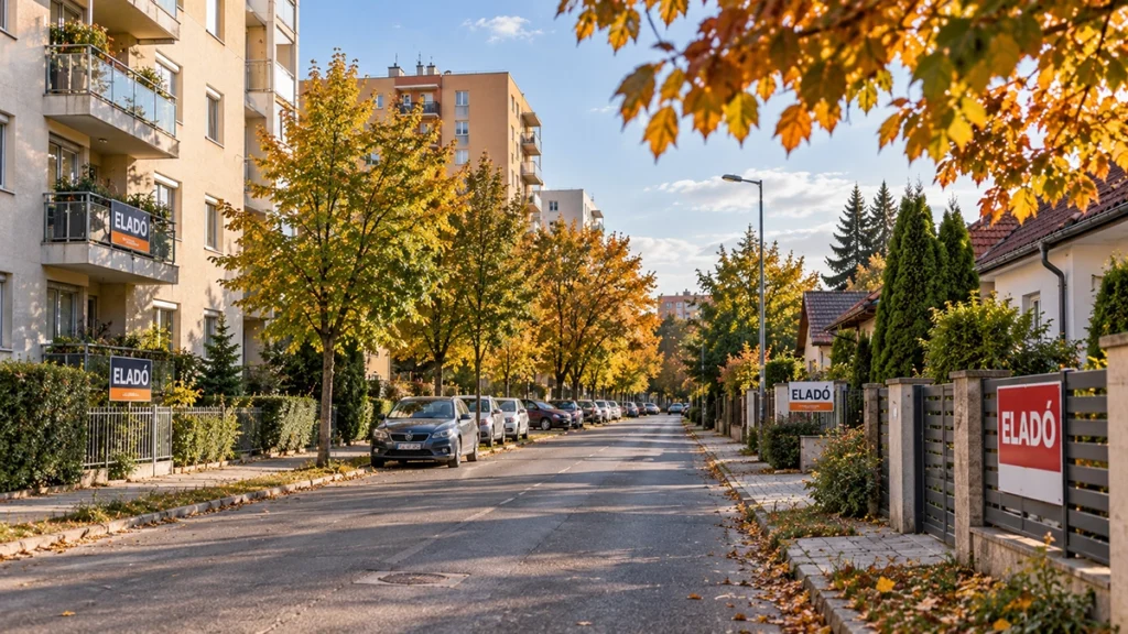 vevői piac - több eladó ingatlan egy debreceni utcában kora ősszel, illusztráció