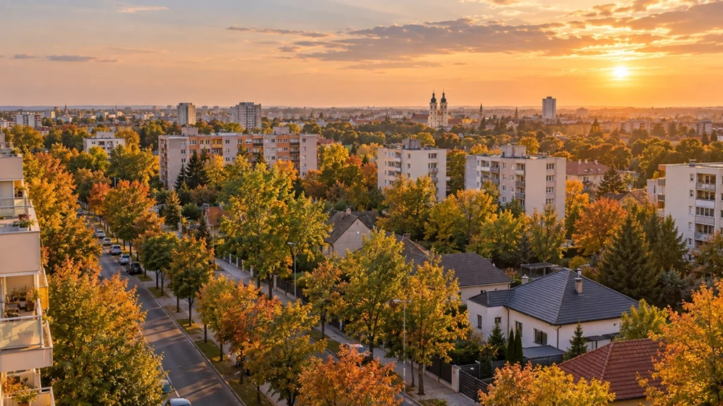 vevői piac - debreceni lakónegyed panellel és családi házakkal kora ősszel, illusztráció